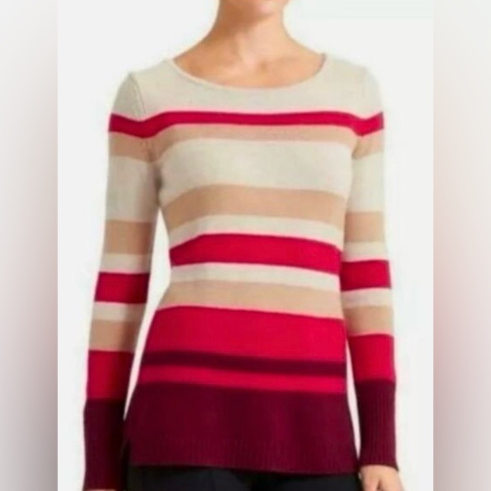 Athleta Sz XXS 100% Cashmere Striped crewneck Sweater Cream, Beige & Red Tones